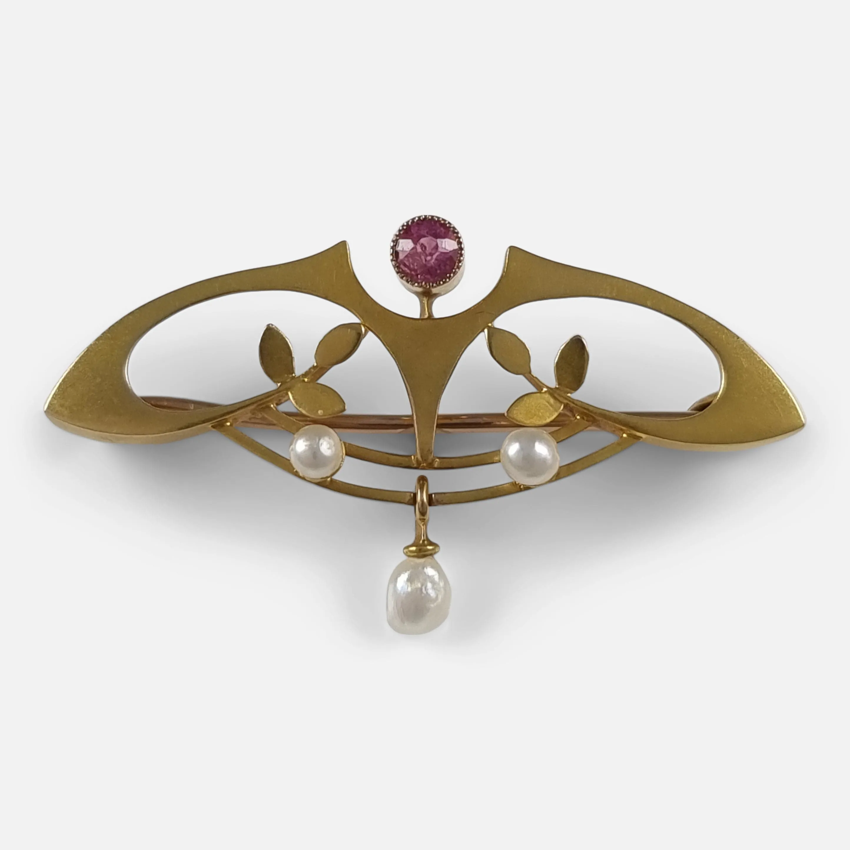 Art Nouveau 9ct Gold Tourmaline and Pearl Brooch