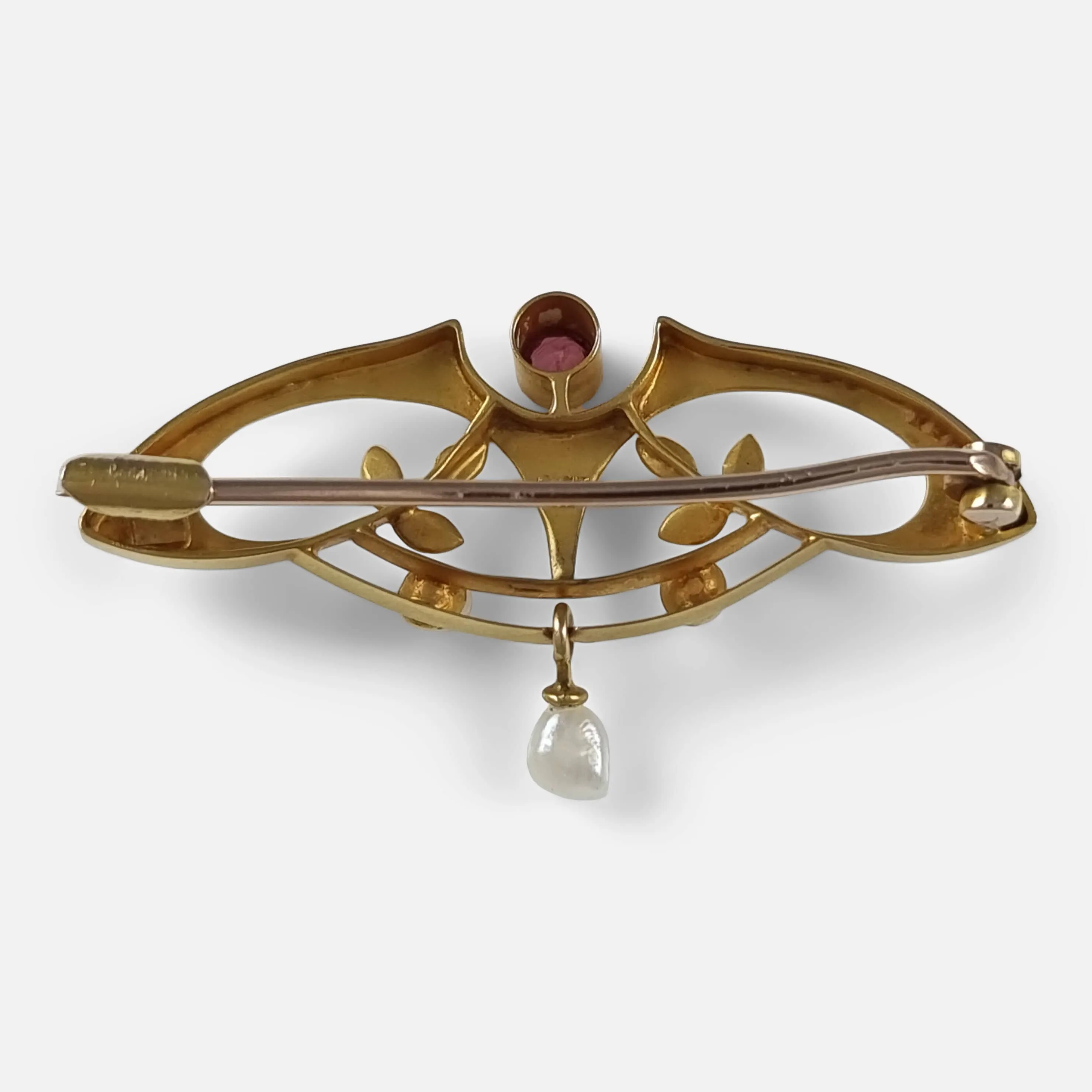 Art Nouveau 9ct Gold Tourmaline and Pearl Brooch