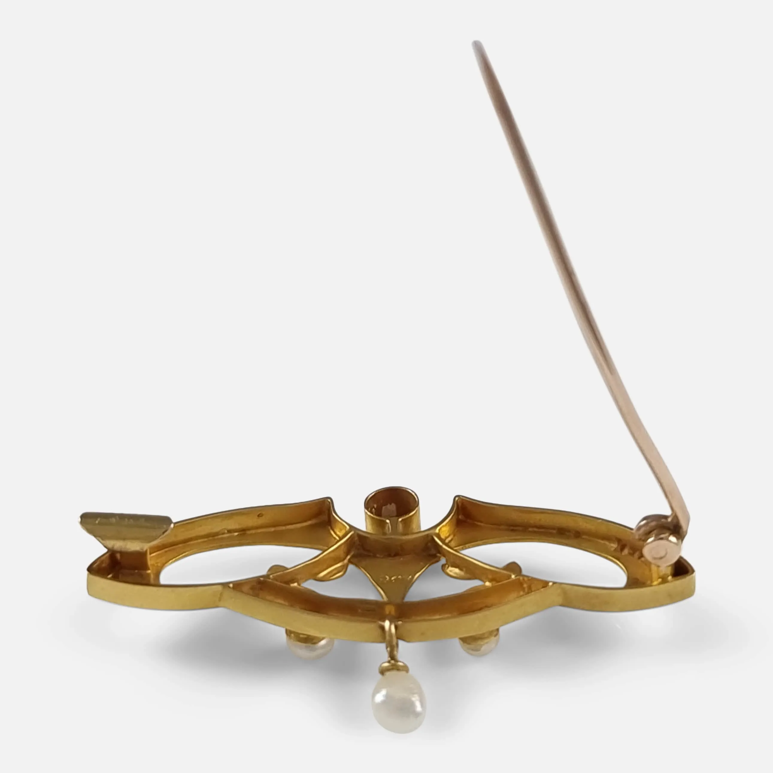 Art Nouveau 9ct Gold Tourmaline and Pearl Brooch