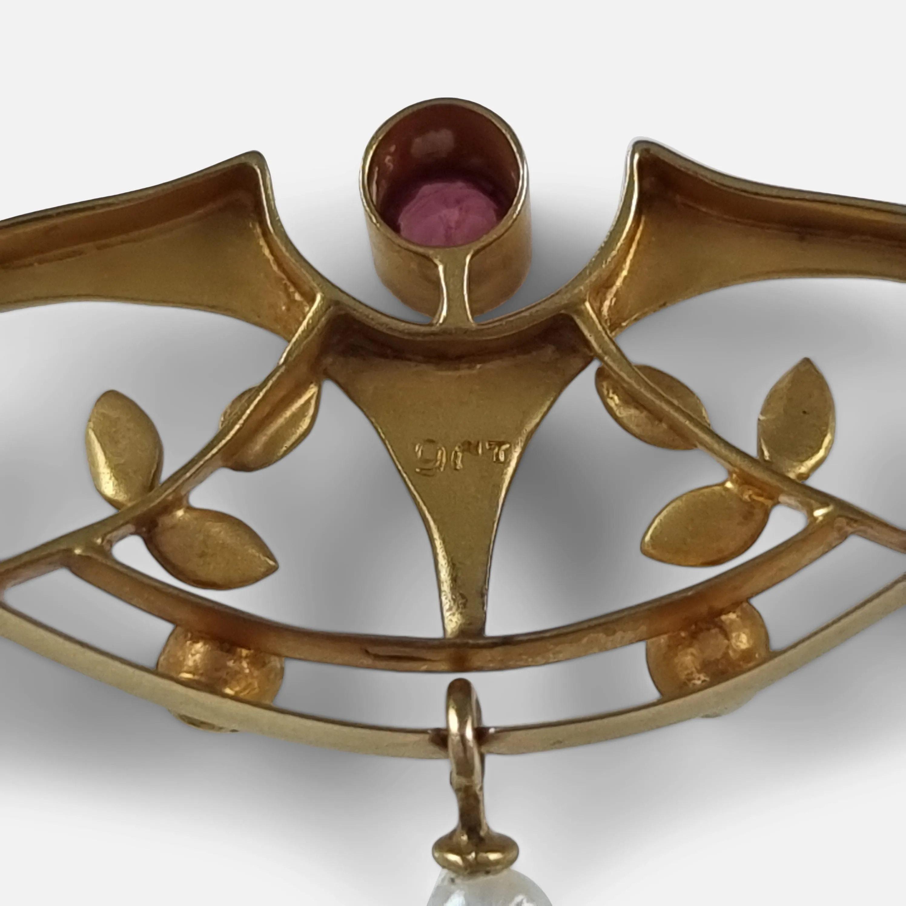 Art Nouveau 9ct Gold Tourmaline and Pearl Brooch