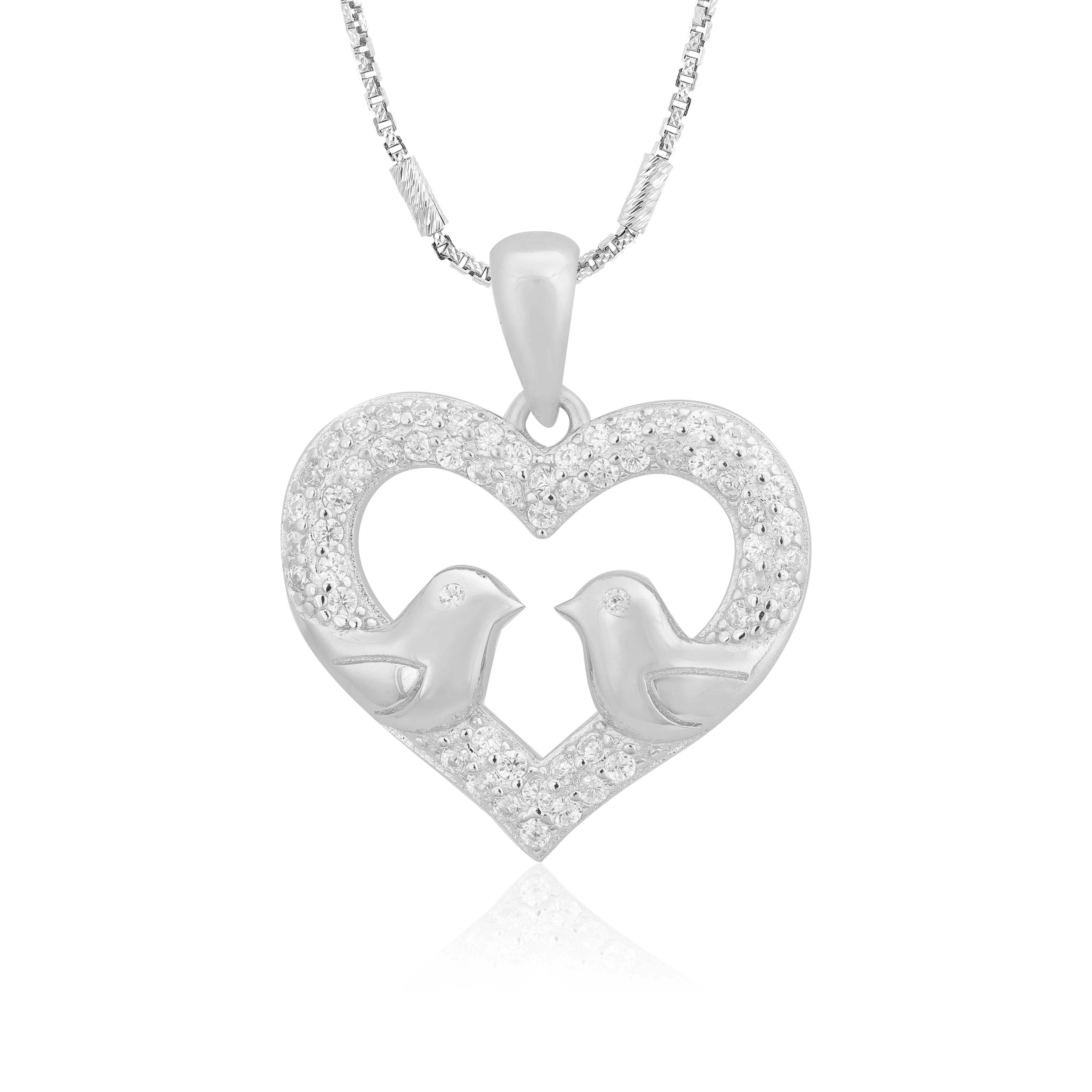 Avian Love 925 Rhodium Plated Crystal Heart Pendants