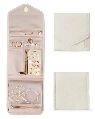 BAGSMART Travel Jewelry Organizer Case Foldable Jewelry Roll for Journey-Rings, Necklaces, Earrings, Bracelets,Mini,Beige