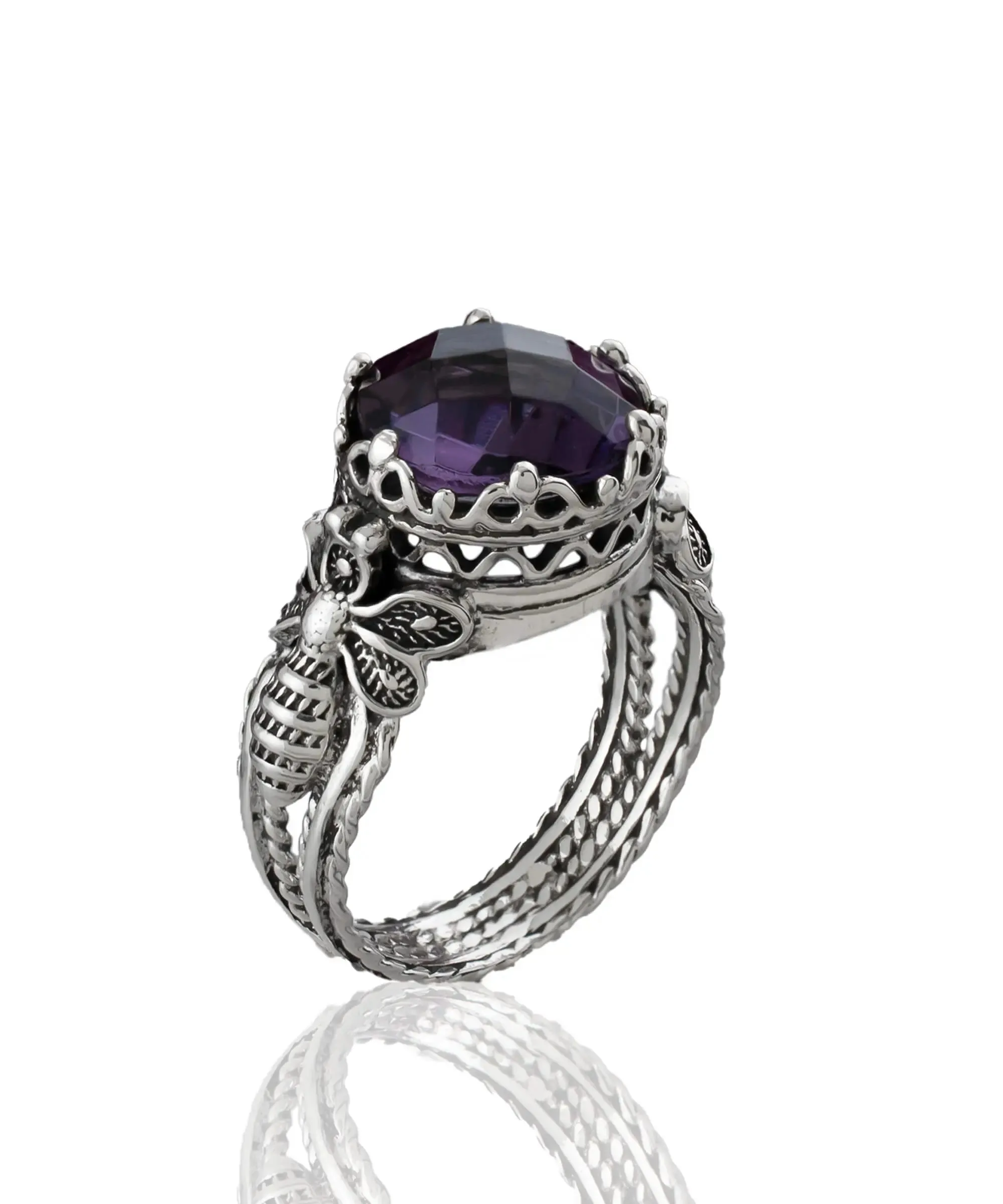 Bee Detailed Amethyst Gemstone Filigree Art Women Silver Cocktail Ring
