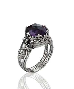 Bee Detailed Amethyst Gemstone Filigree Art Women Silver Cocktail Ring