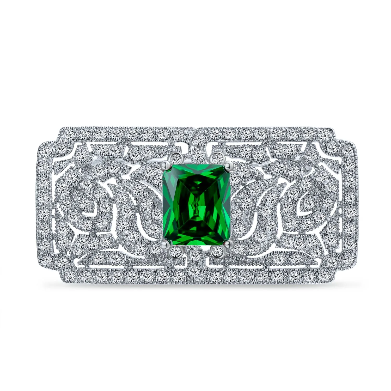 Big Vintage Estate Jewelry Scroll CZ Green Emerald Ruby Sapphire Brooche Pin Silver