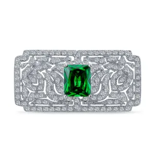 Big Vintage Estate Jewelry Scroll CZ Green Emerald Ruby Sapphire Brooche Pin Silver