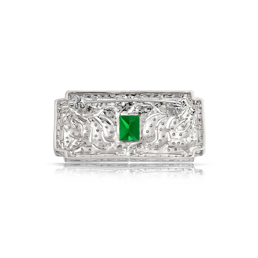 Big Vintage Estate Jewelry Scroll CZ Green Emerald Ruby Sapphire Brooche Pin Silver