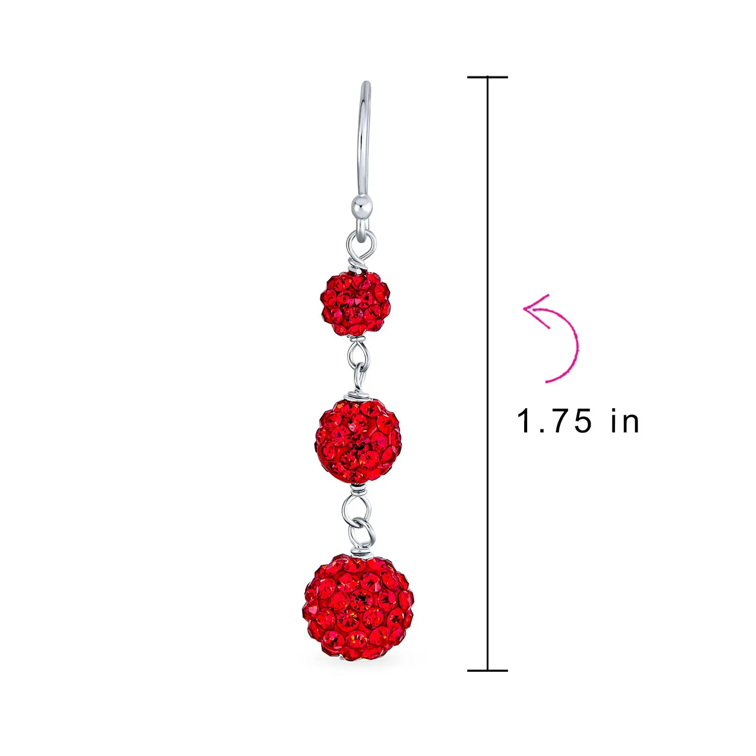 Black Red White Crystal Pave Disco Ball Dangle Earrings in Sterling Silver