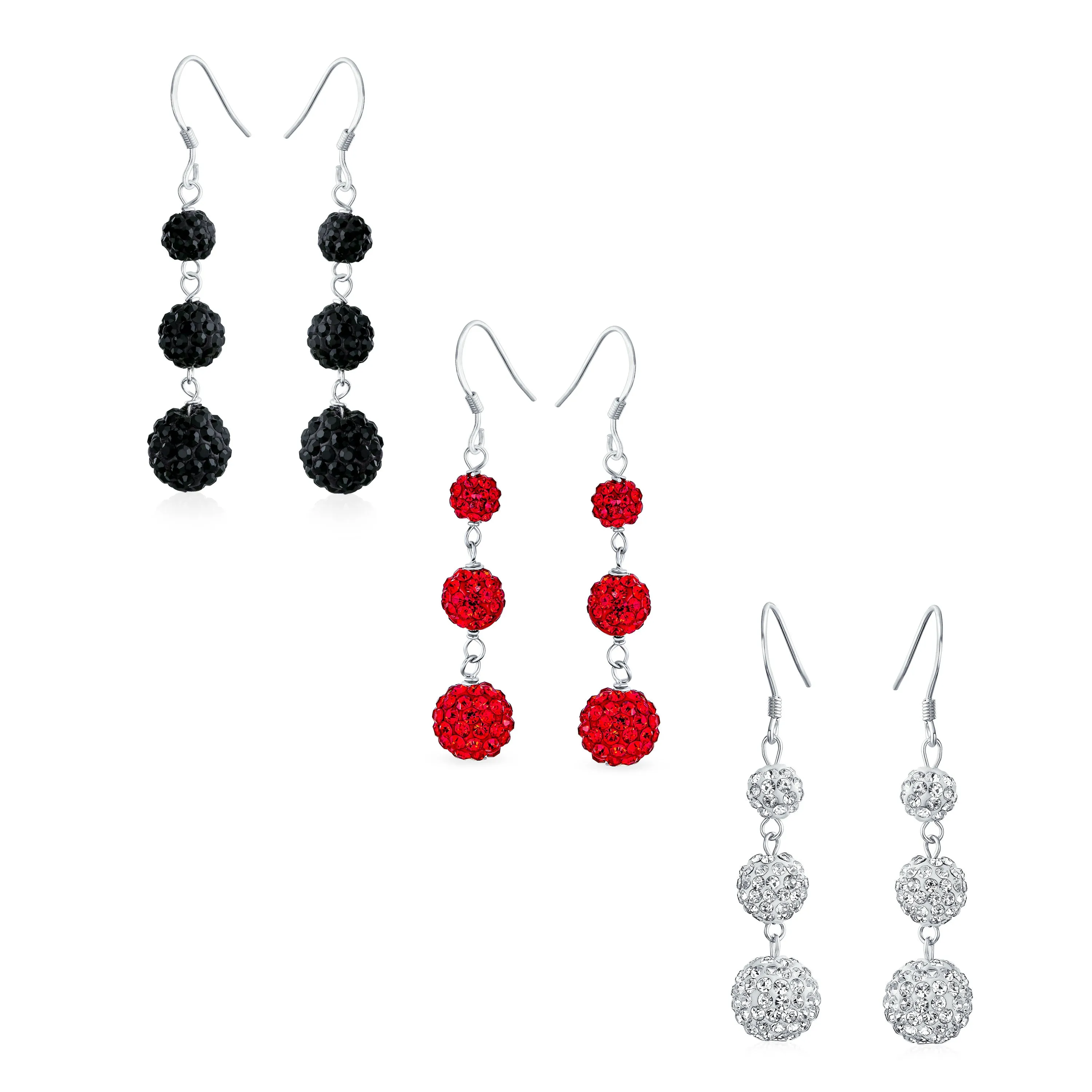 Black Red White Crystal Pave Disco Ball Dangle Earrings in Sterling Silver
