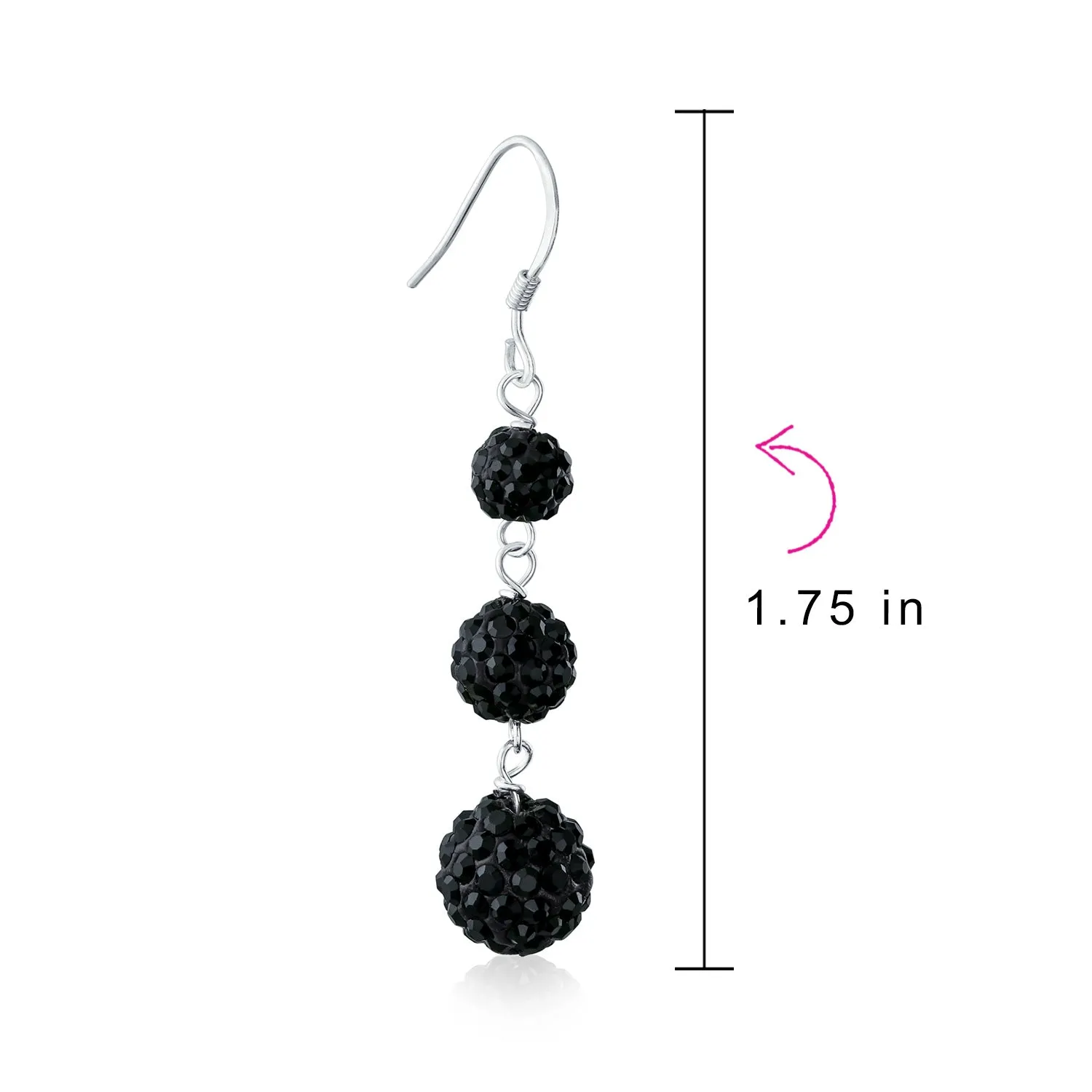 Black Red White Crystal Pave Disco Ball Dangle Earrings in Sterling Silver
