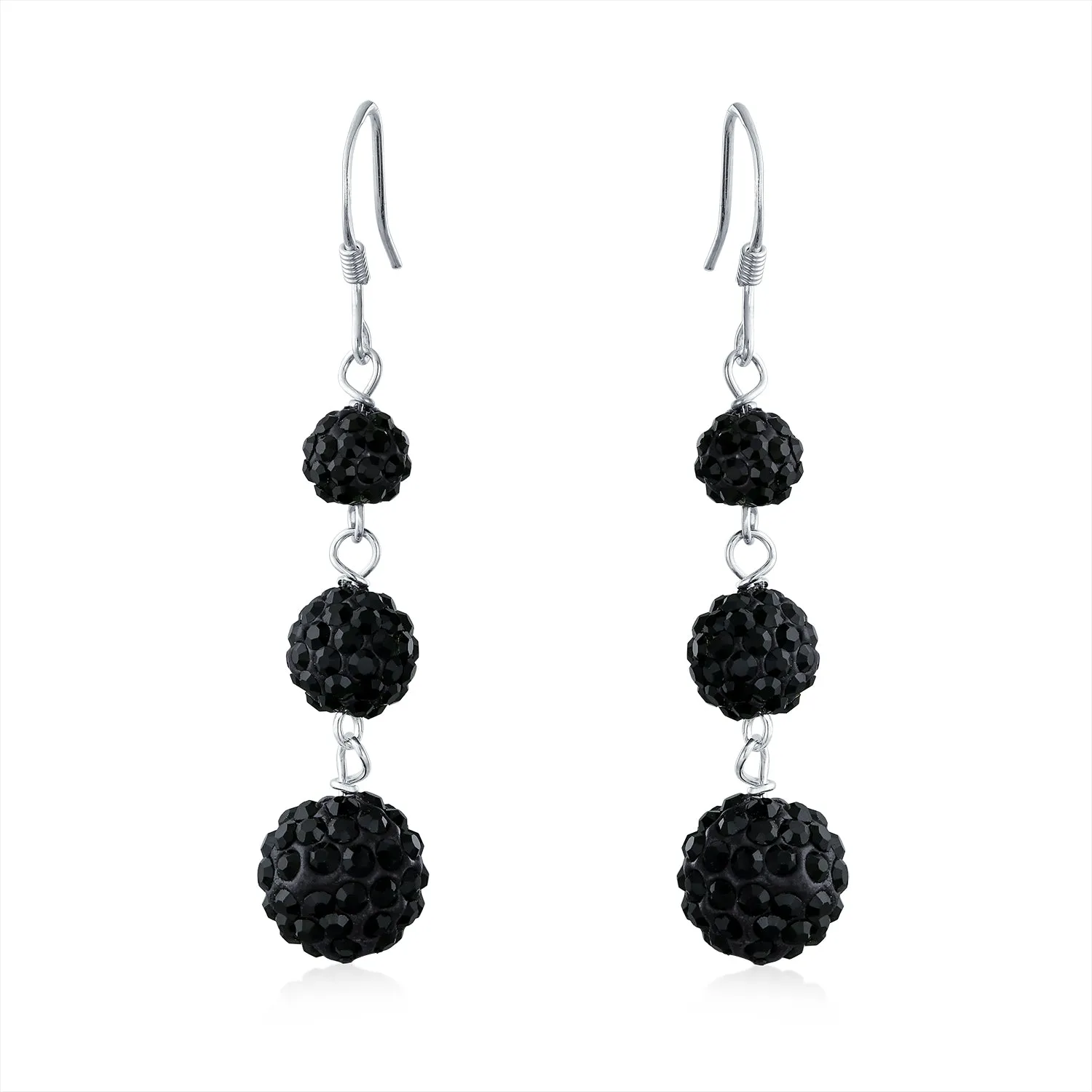 Black Red White Crystal Pave Disco Ball Dangle Earrings in Sterling Silver