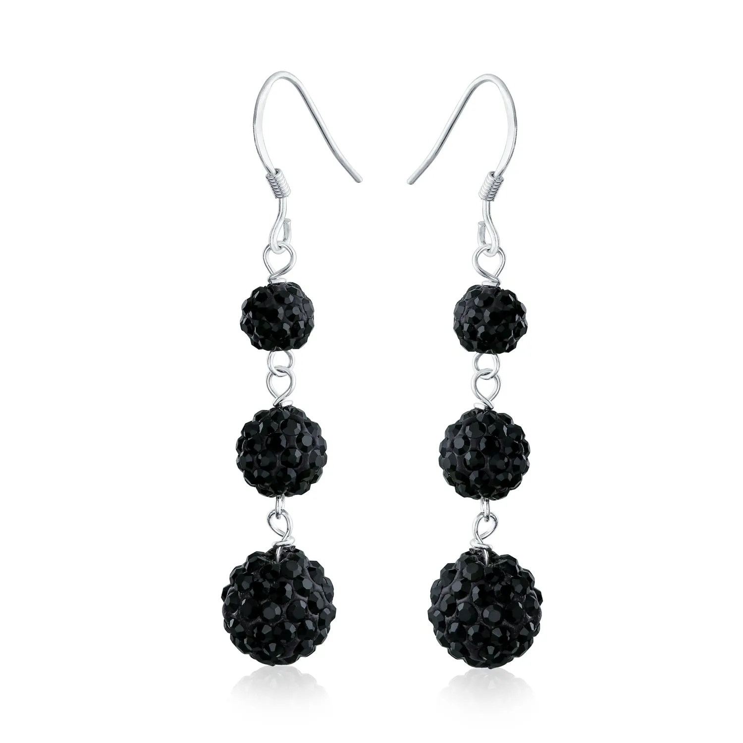 Black Red White Crystal Pave Disco Ball Dangle Earrings in Sterling Silver