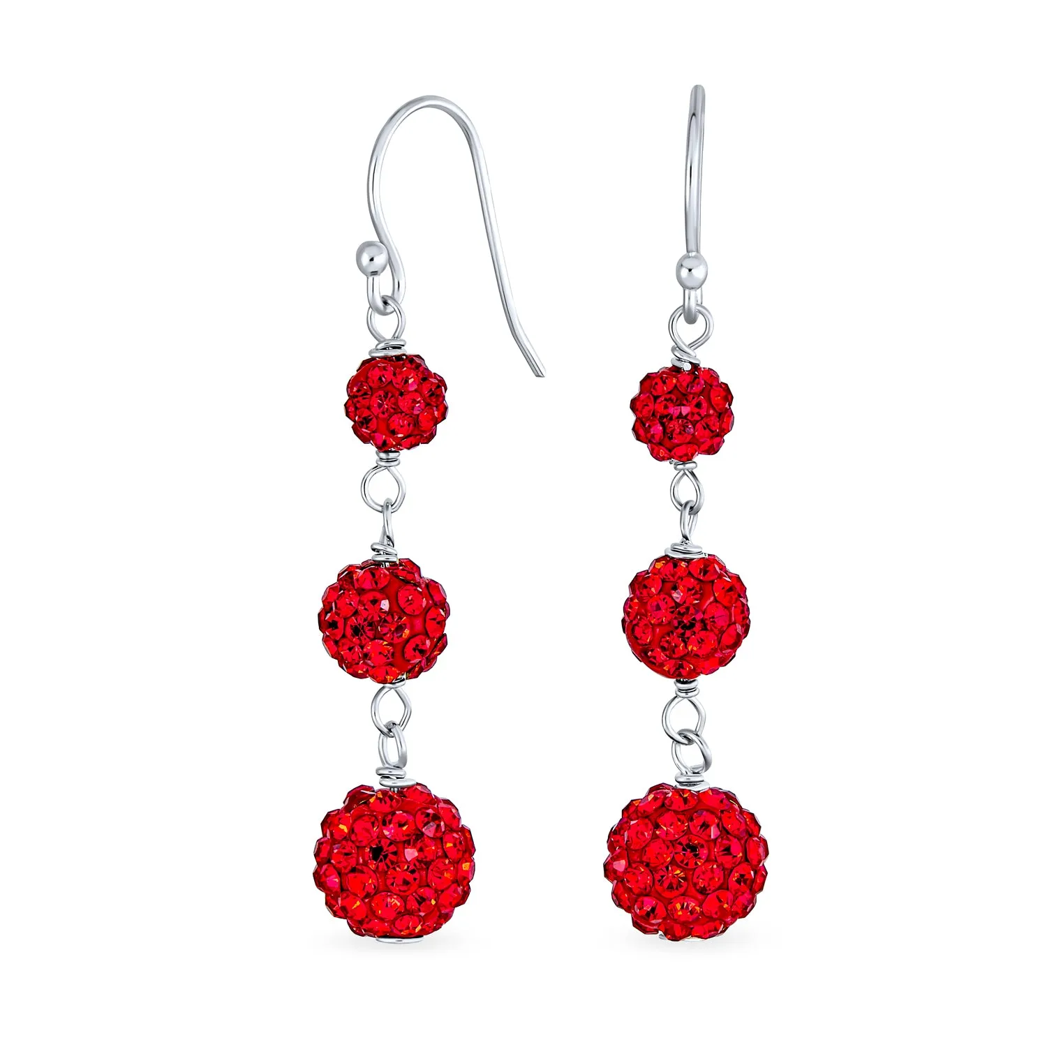Black Red White Crystal Pave Disco Ball Dangle Earrings in Sterling Silver