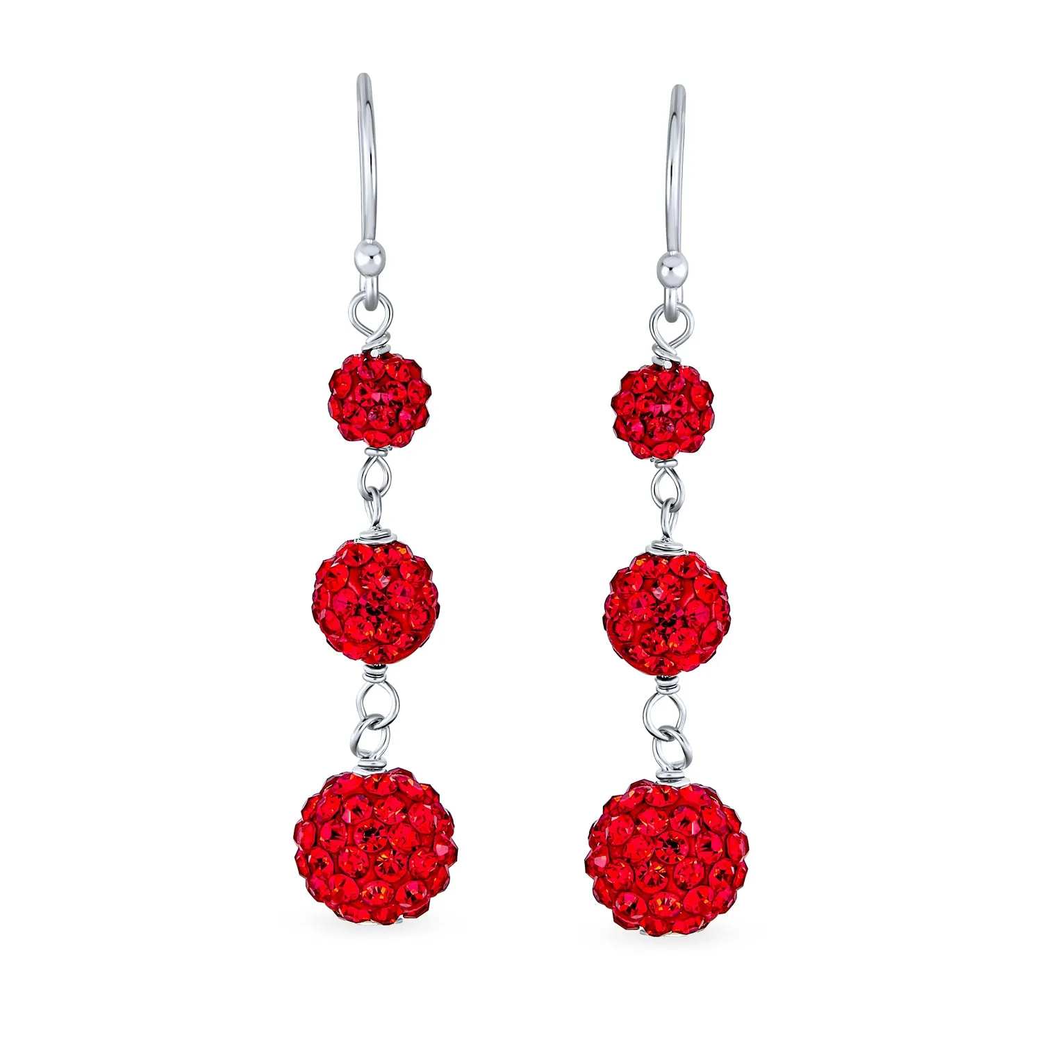 Black Red White Crystal Pave Disco Ball Dangle Earrings in Sterling Silver