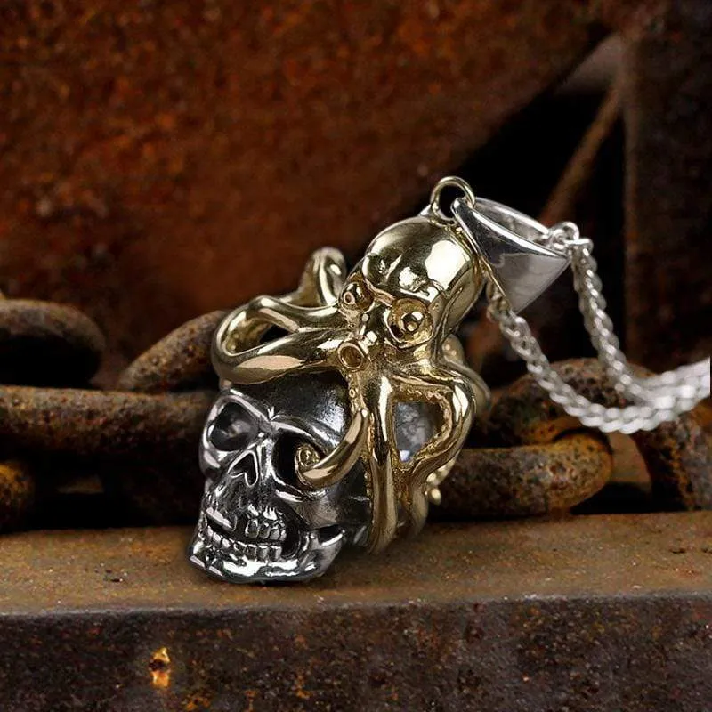Brass Octopus Sterling Silver Skull Pendant