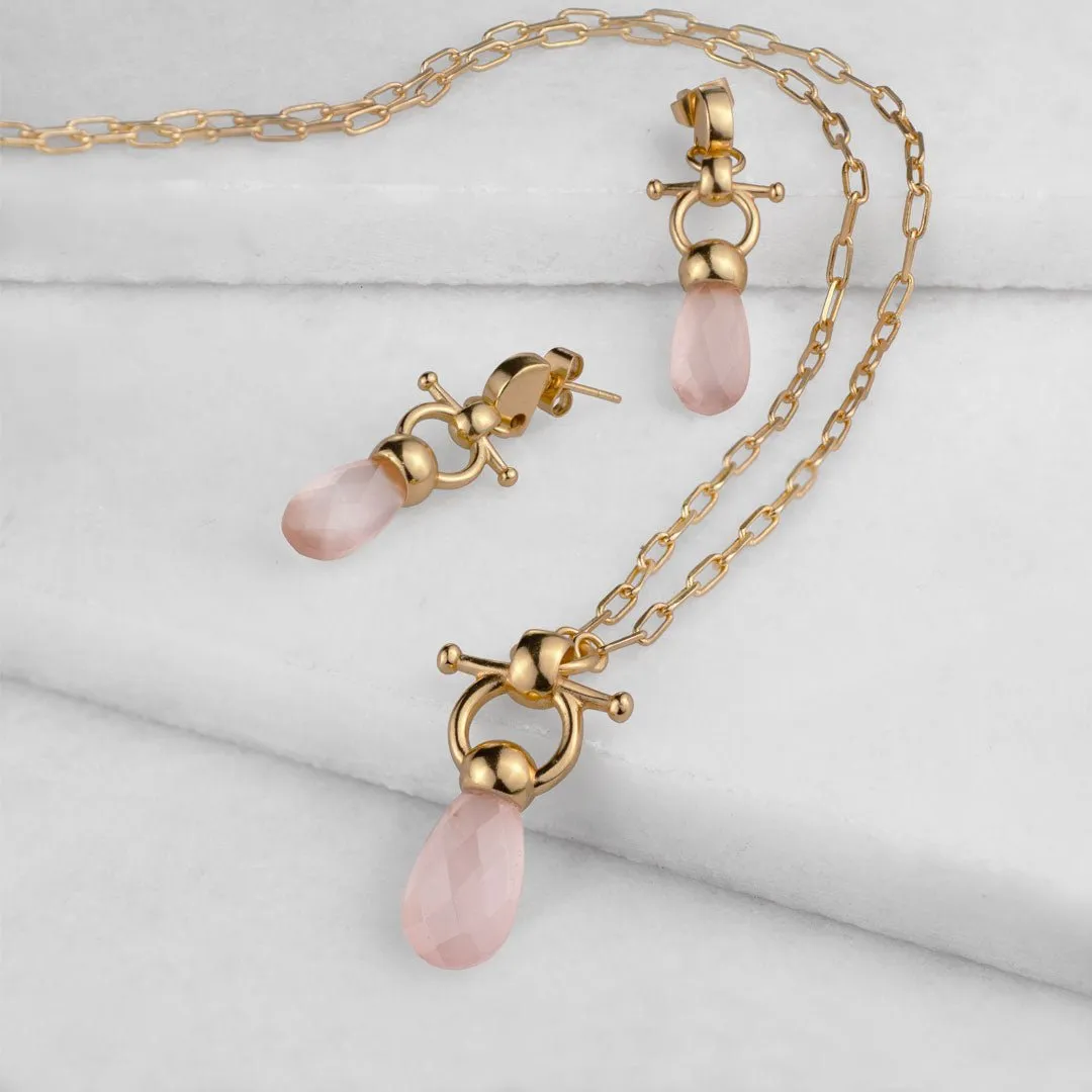 Briolette - Rose Quartz and 14K Gold on Brass Cuff Bracelet
