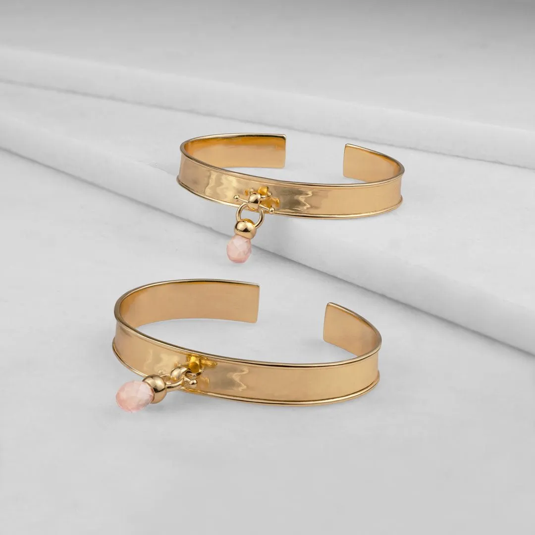 Briolette - Rose Quartz and 14K Gold on Brass Cuff Bracelet