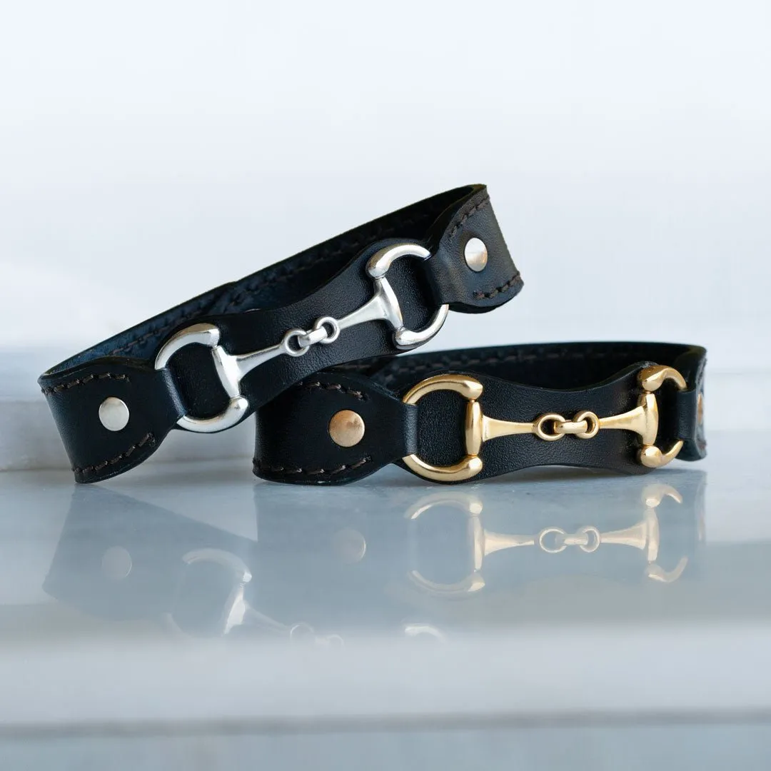 Bronson -  Black Italian Leather  and 14K Gold on Brass Horse Bit Bracelet
