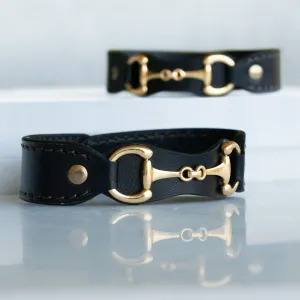 Bronson -  Black Italian Leather  and 14K Gold on Brass Horse Bit Bracelet