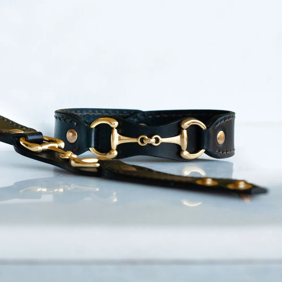 Bronson -  Black Italian Leather  and 14K Gold on Brass Horse Bit Bracelet