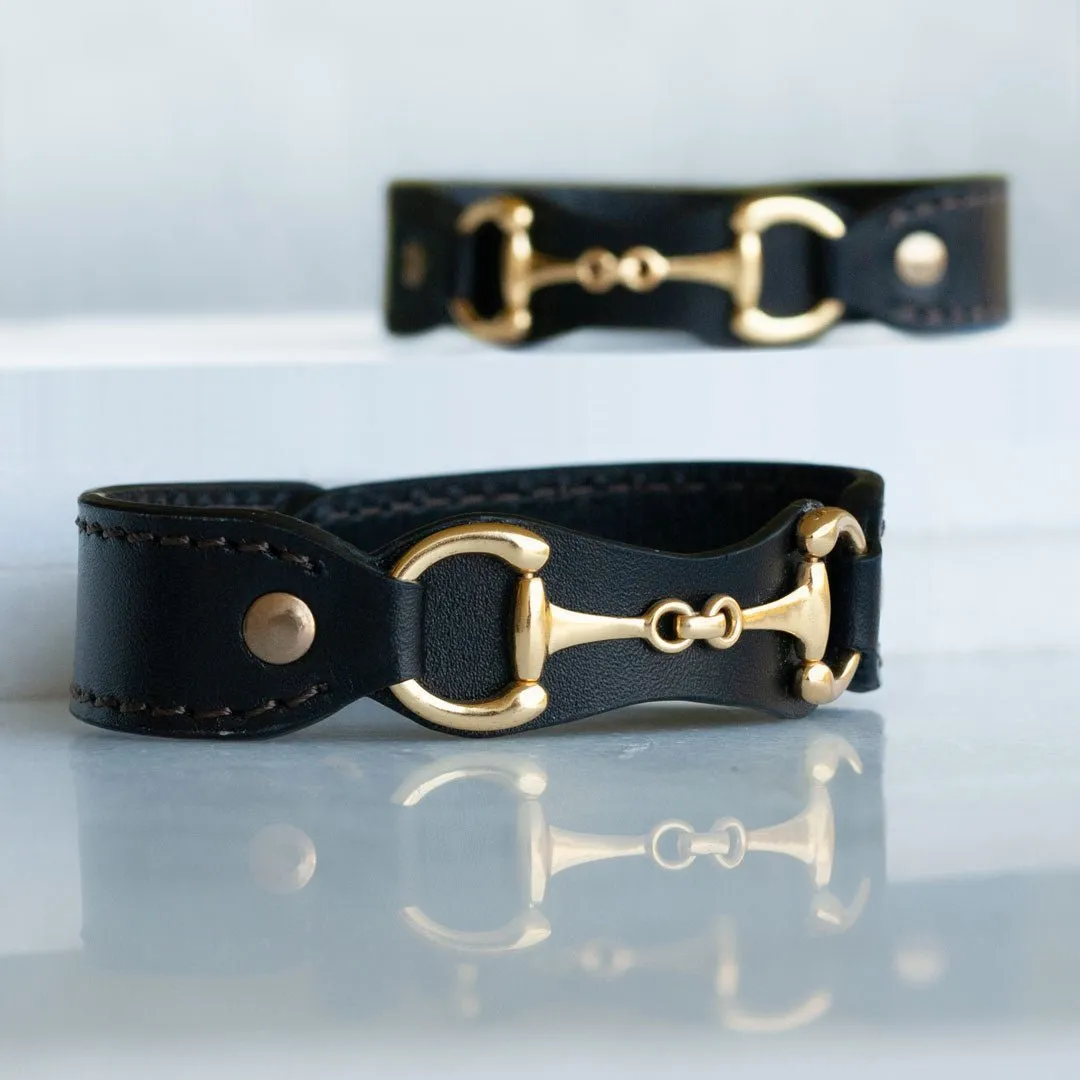 Bronson -  Black Italian Leather  and 14K Gold on Brass Horse Bit Bracelet