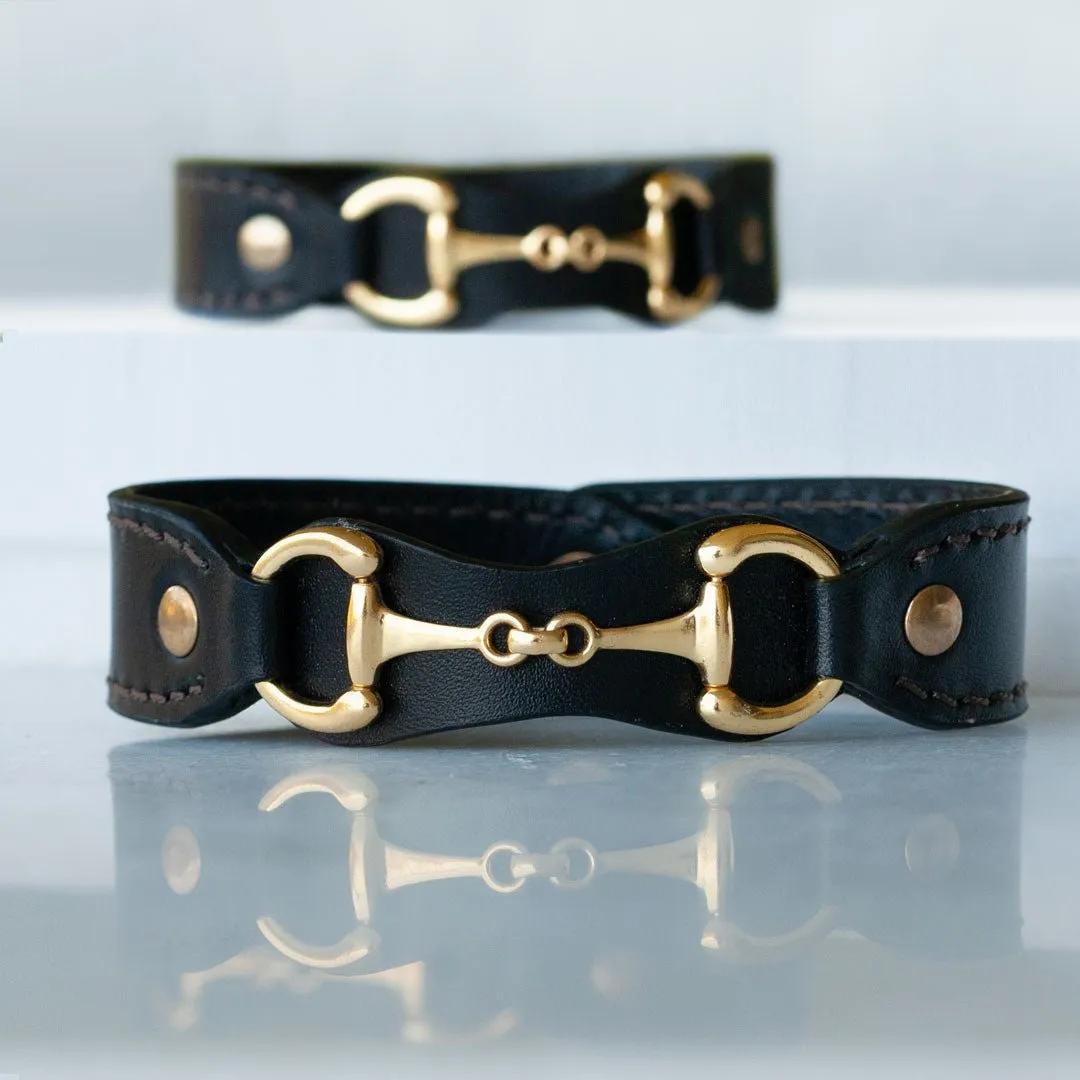 Bronson -  Black Italian Leather  and 14K Gold on Brass Horse Bit Bracelet