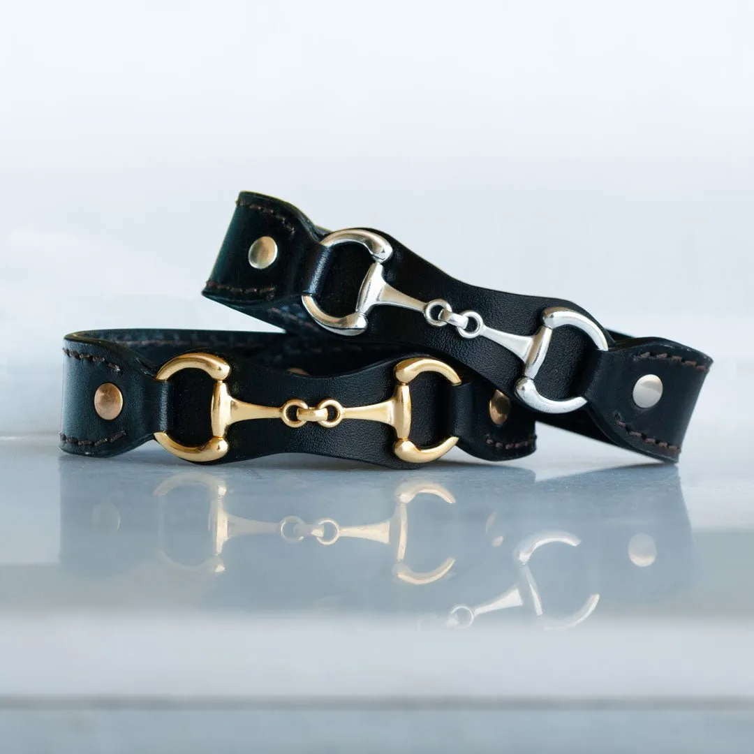 Bronson -  Black Italian Leather  and 14K Gold on Brass Horse Bit Bracelet