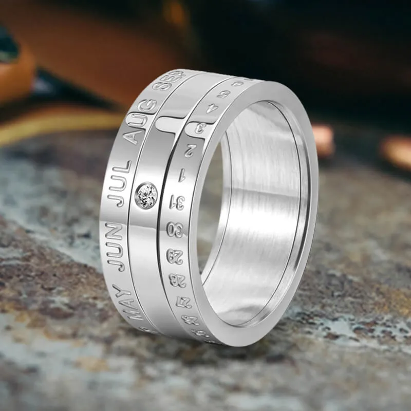Calendar Diamond Stainless Steel Spinner Ring