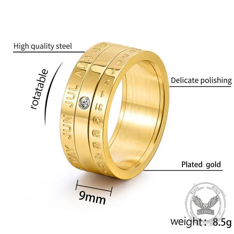 Calendar Diamond Stainless Steel Spinner Ring