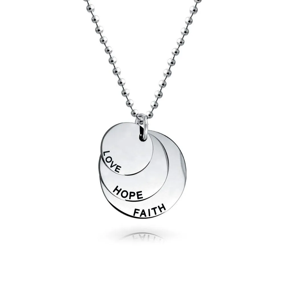 Circle Inspirational Pendant Necklace Faith Hope Love Disc Silver Tone Stainless Steel