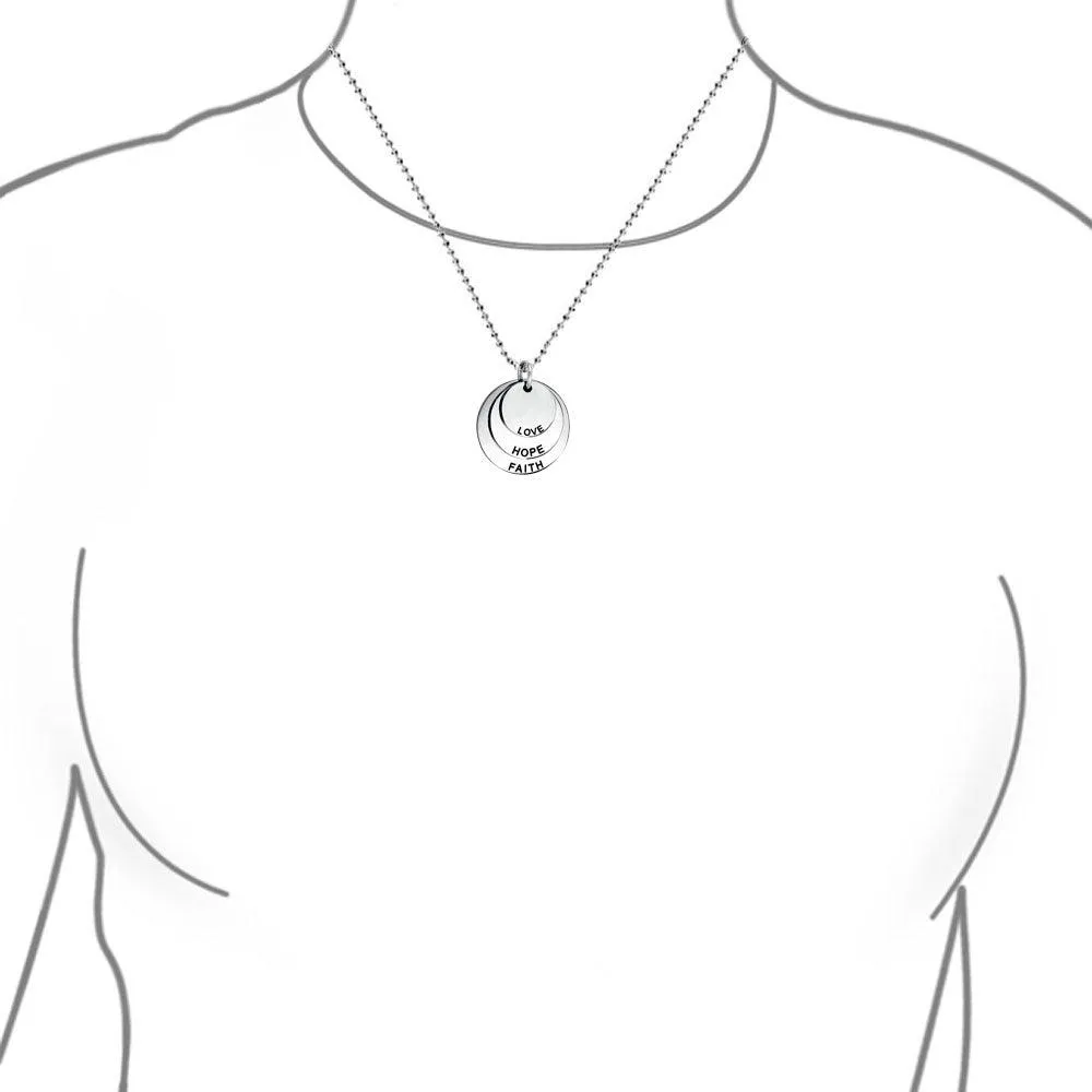 Circle Inspirational Pendant Necklace Faith Hope Love Disc Silver Tone Stainless Steel