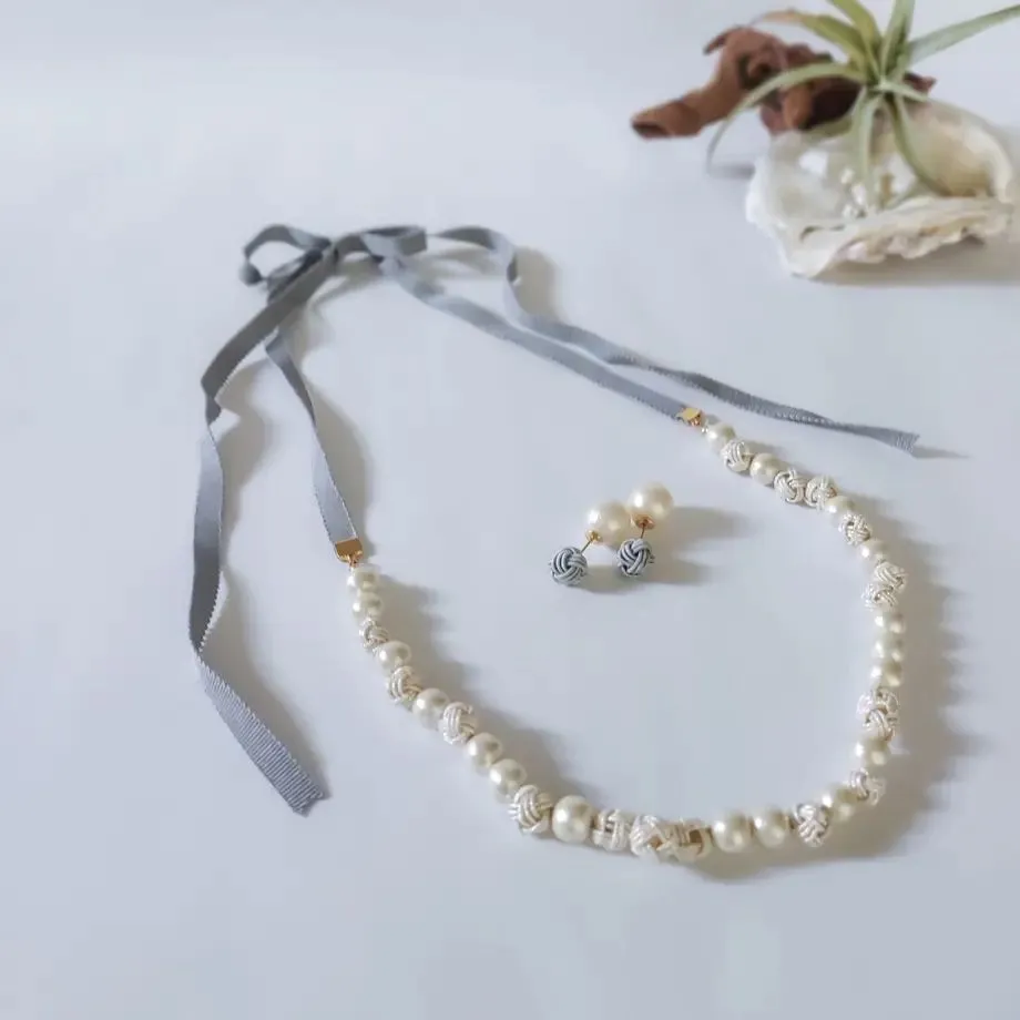 Cotton Pearl Lariat with Tamamusubi