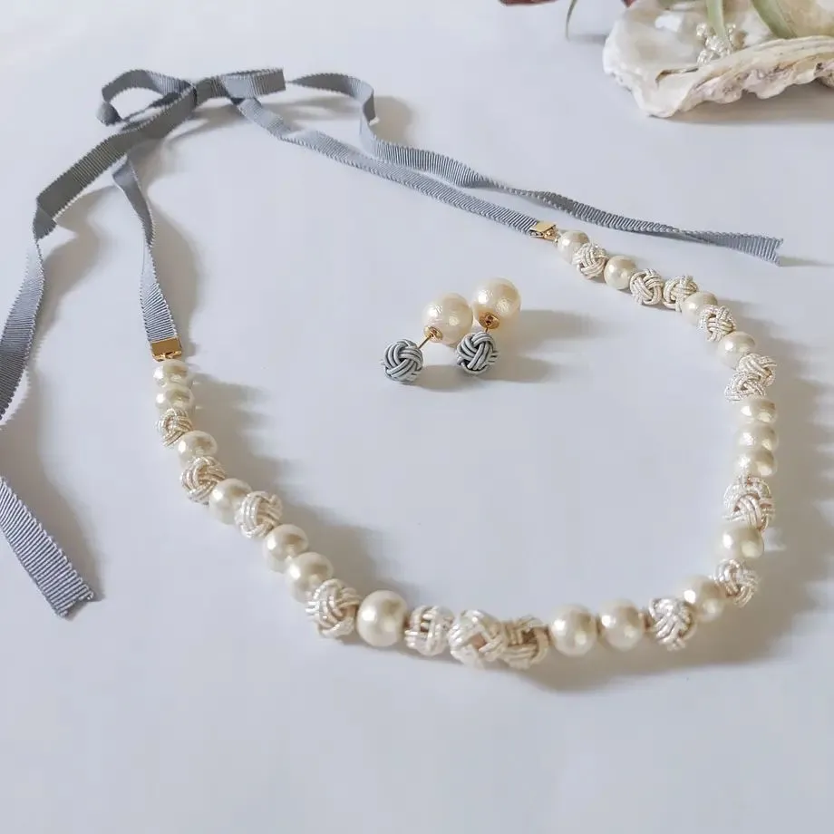 Cotton Pearl Lariat with Tamamusubi