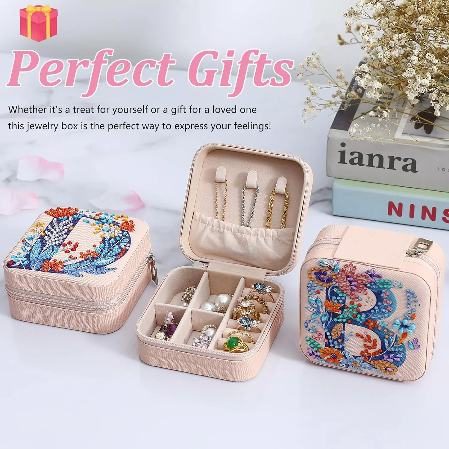 Diamond Art Jewelry Box Femal Mini Jewelry Box Earring Box Christmas Gifts Birthday Gifts for Teen Femal Women Mom Sister Friends BestieLetter C, Pink