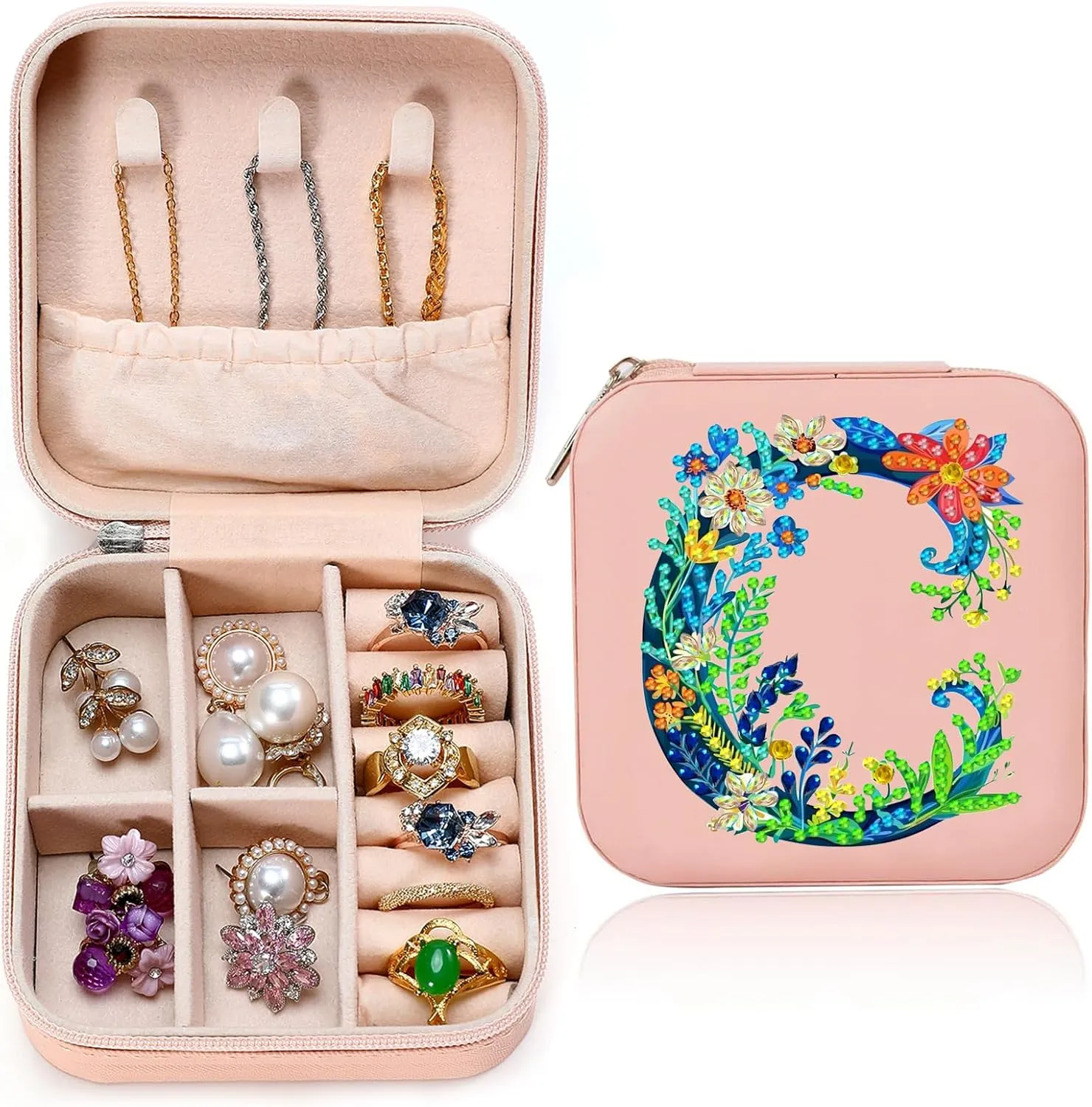 Diamond Art Jewelry Box Femal Mini Jewelry Box Earring Box Christmas Gifts Birthday Gifts for Teen Femal Women Mom Sister Friends BestieLetter C, Pink