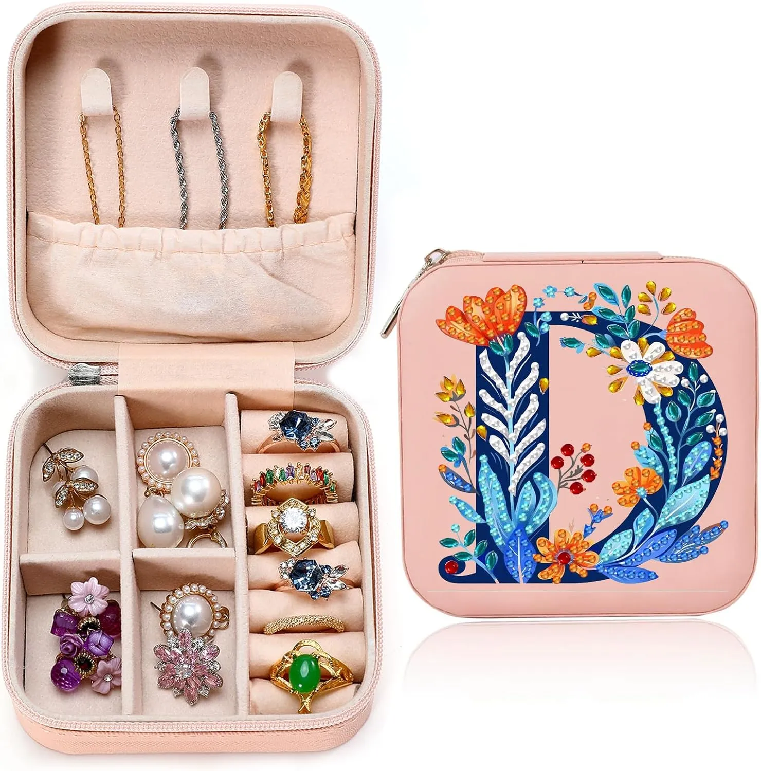 Diamond Art Jewelry Box Femal Women Mini Jewelry Box Earring Box Christmas Gifts Birthday Gifts for Adults Women Mom Sister Friends BestieLetter D, Pink