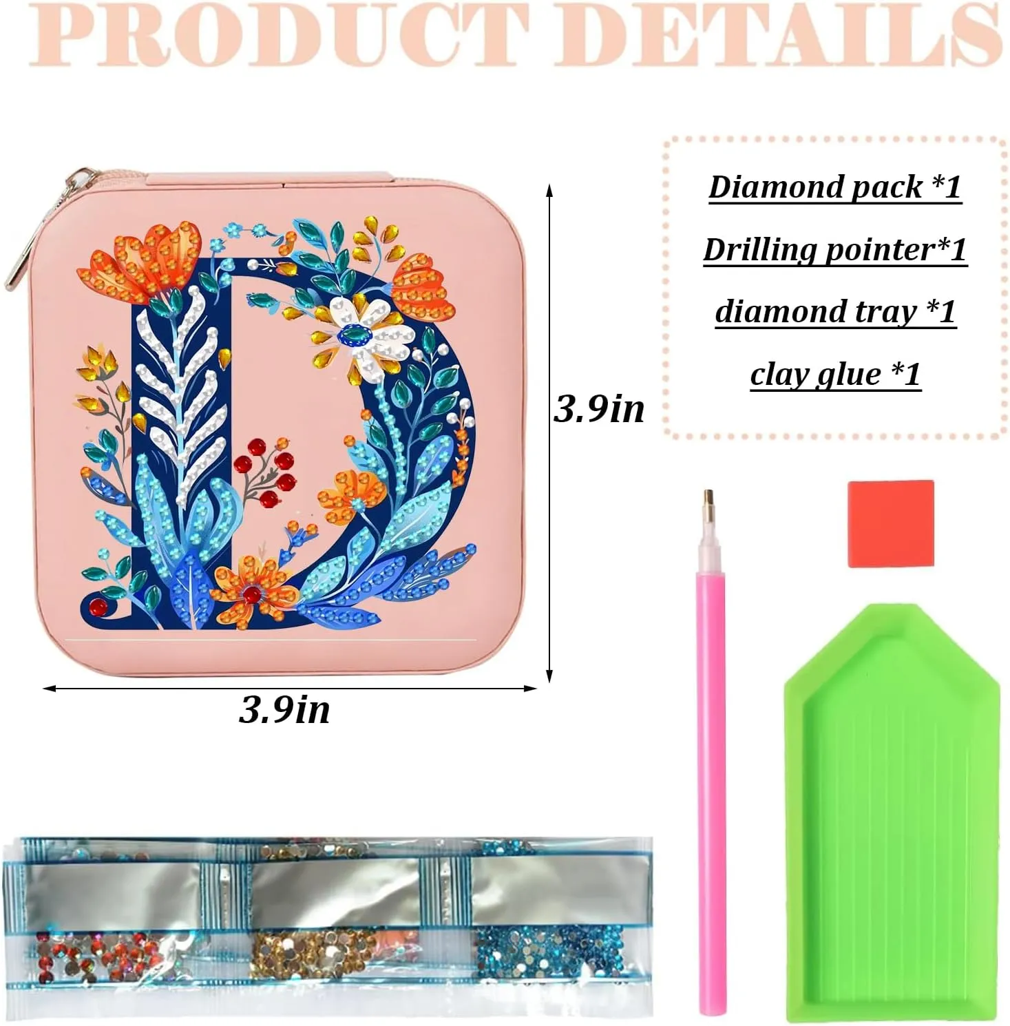 Diamond Art Jewelry Box Femal Women Mini Jewelry Box Earring Box Christmas Gifts Birthday Gifts for Adults Women Mom Sister Friends BestieLetter D, Pink
