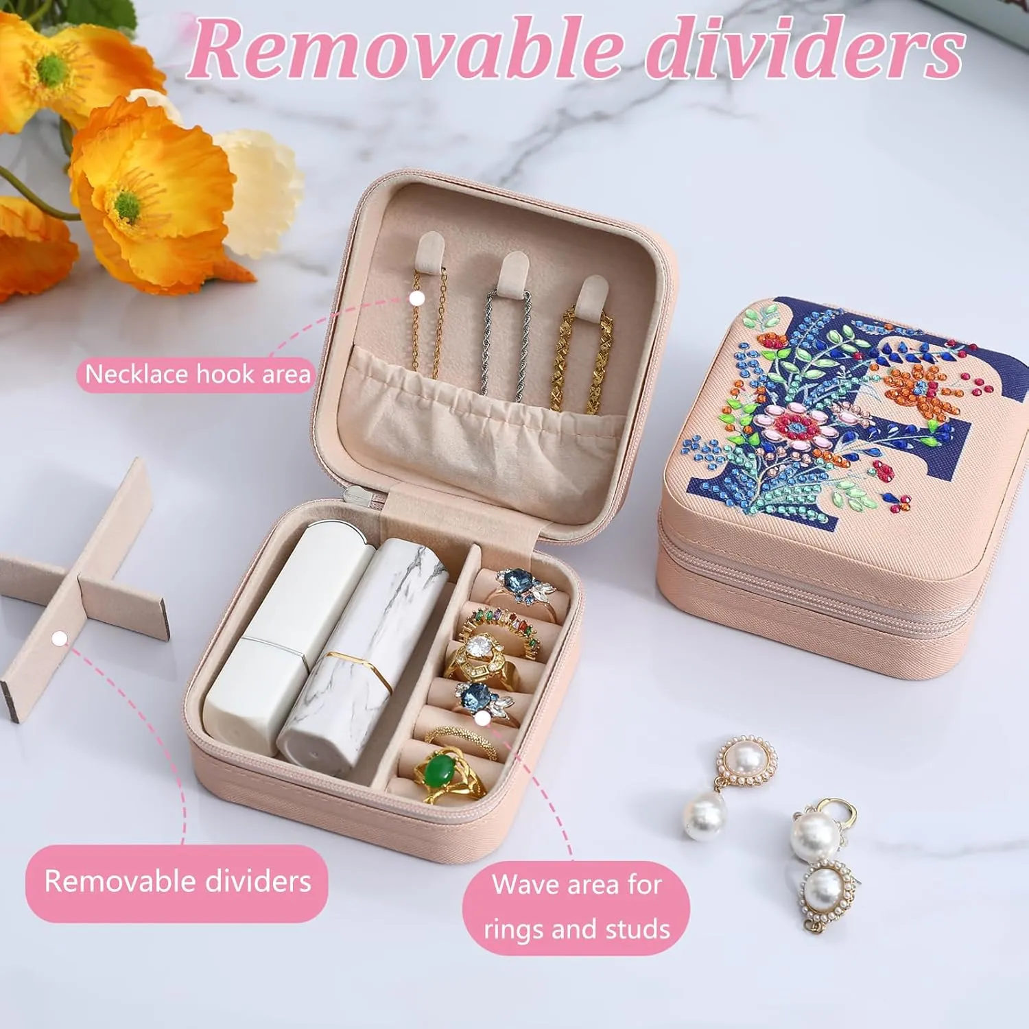 Diamond Art Jewelry Box Femal Women Mini Jewelry Box Earring Box Christmas Gifts Birthday Gifts for Adults Women Mom Sister Friends BestieLetter D, Pink