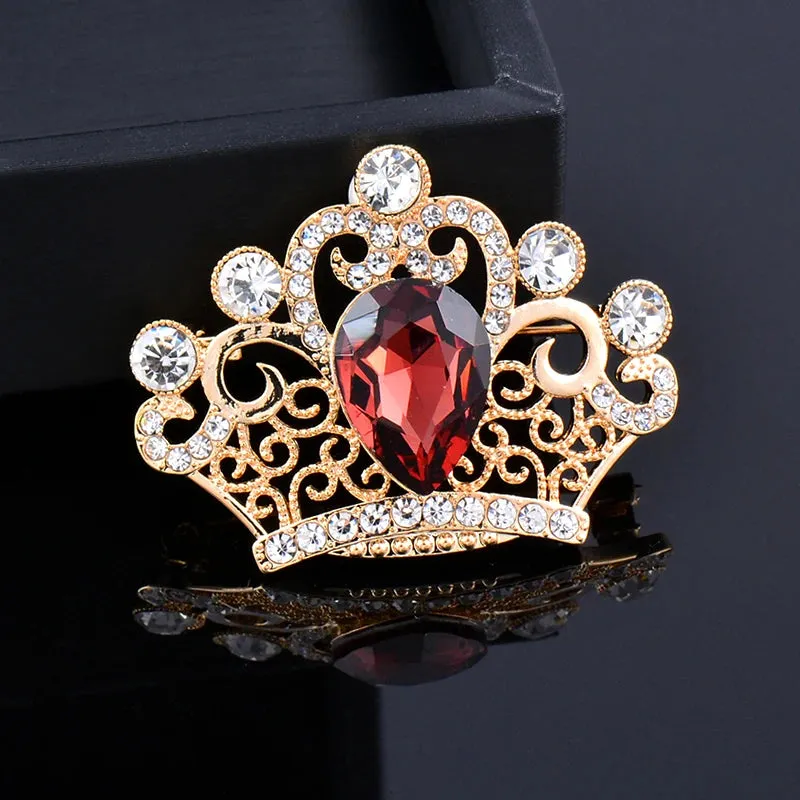 Elegant Crown Multicolor Brooch Rose Gold Silver Color Red Blue Zircon Brooches For Women