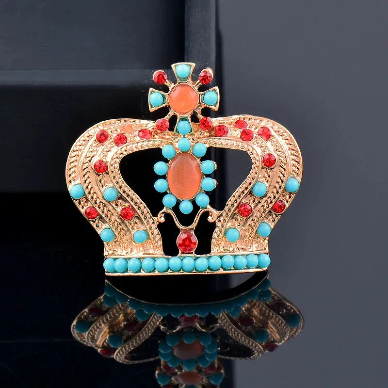 Elegant Crown Multicolor Brooch Rose Gold Silver Color Red Blue Zircon Brooches For Women