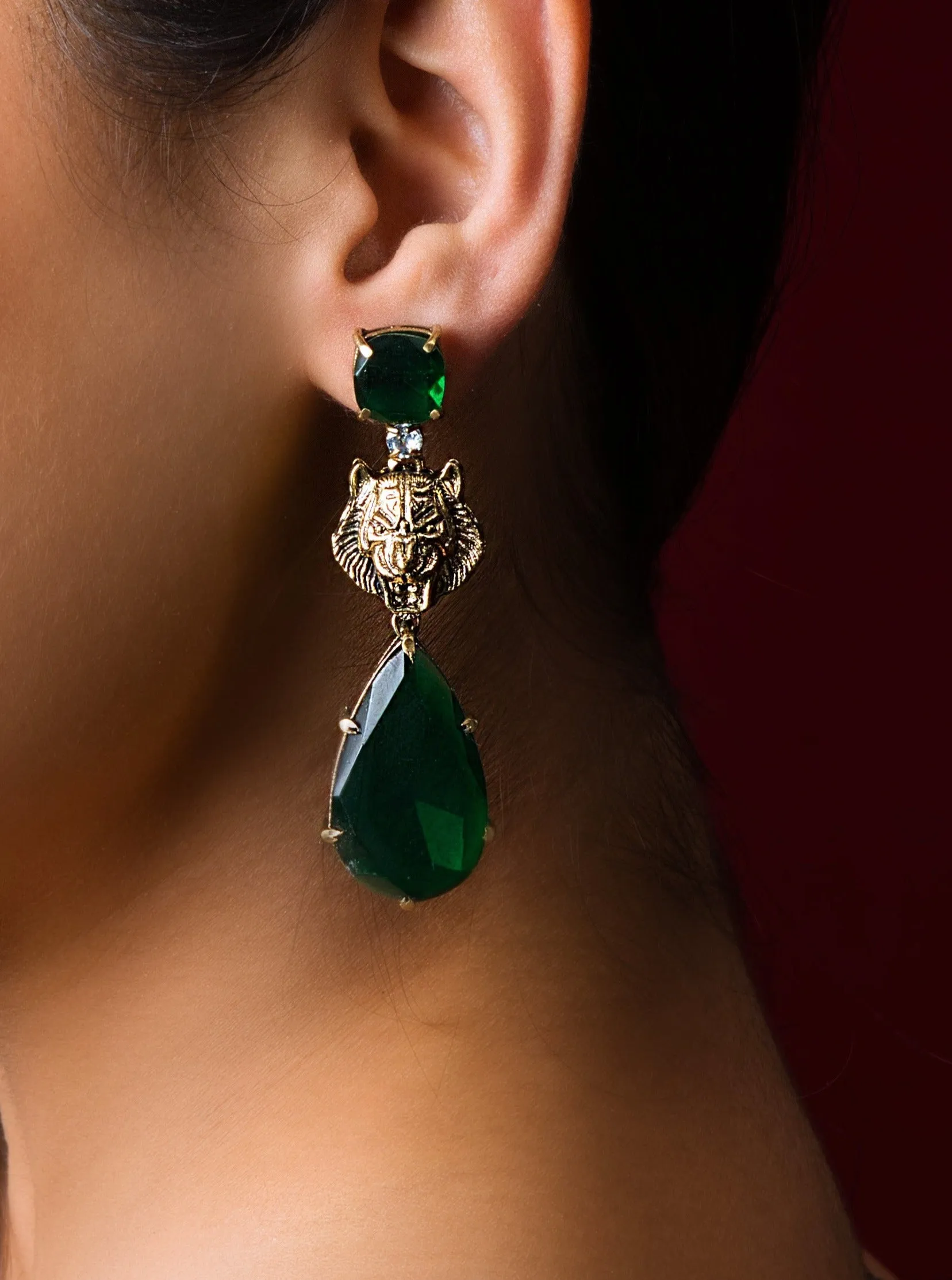 Emerald Green Lion Motif Earrings