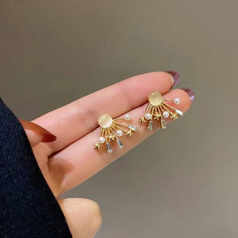 Fan pearl earrings, gold earrings, opal earrings, dainty earrings
