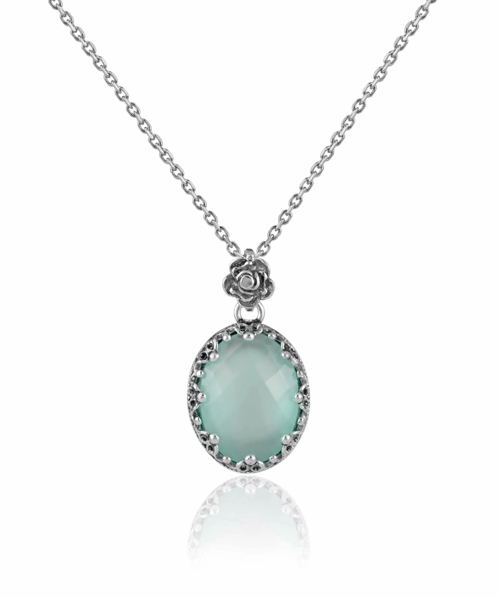 Filigree Silver Aqua Chalcedony Gemstone Woman Oval Pendant Necklace