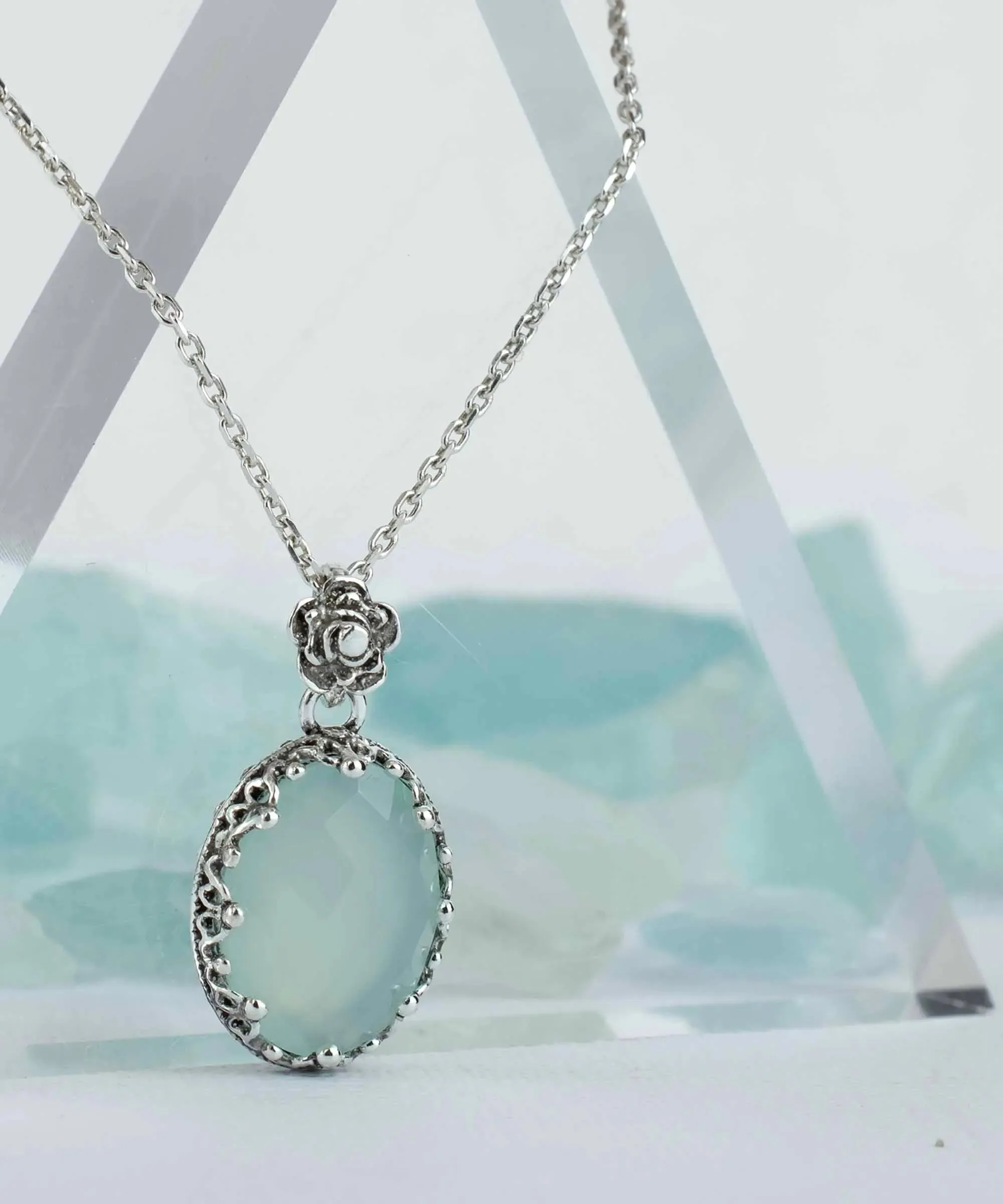 Filigree Silver Aqua Chalcedony Gemstone Woman Oval Pendant Necklace