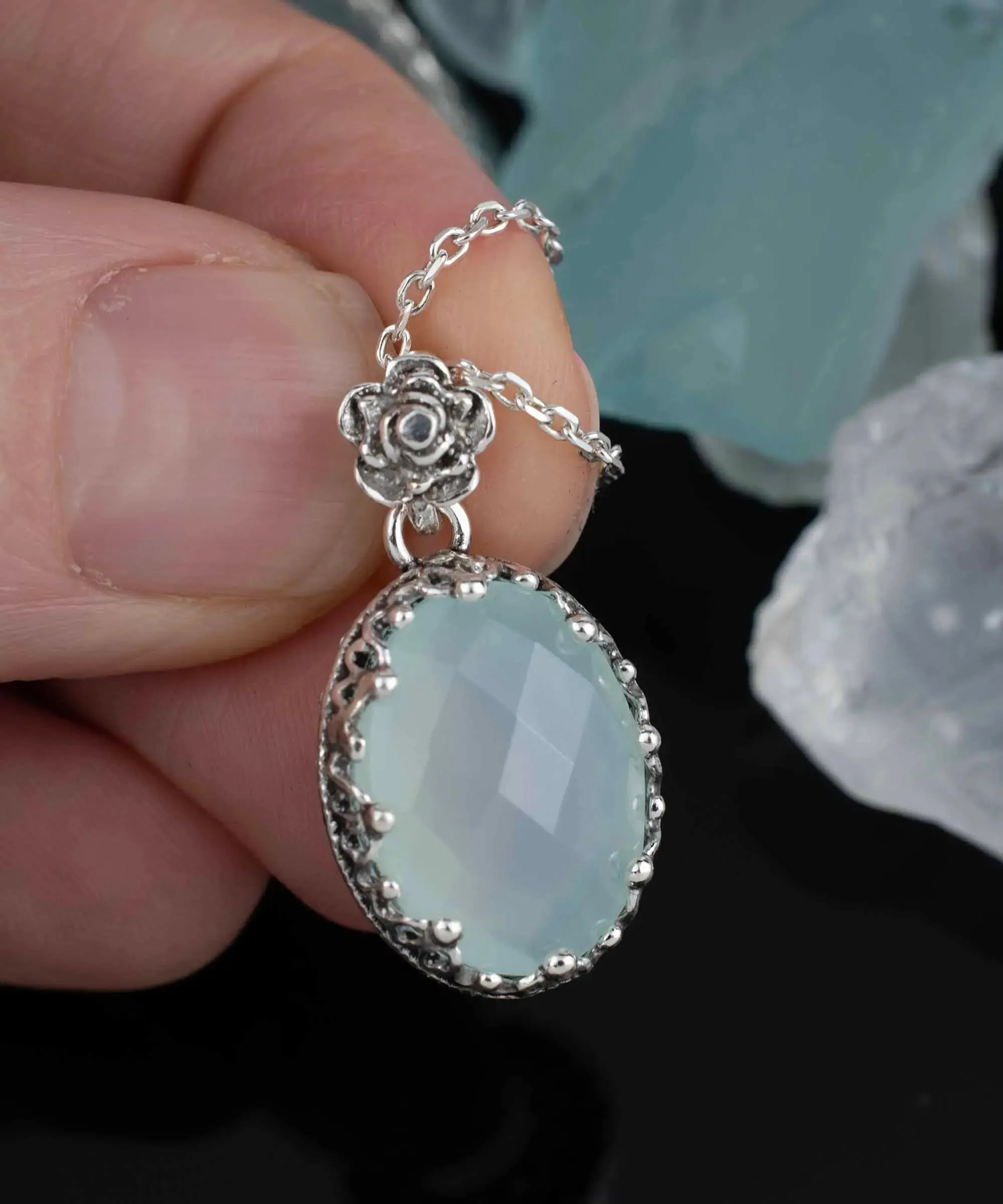 Filigree Silver Aqua Chalcedony Gemstone Woman Oval Pendant Necklace