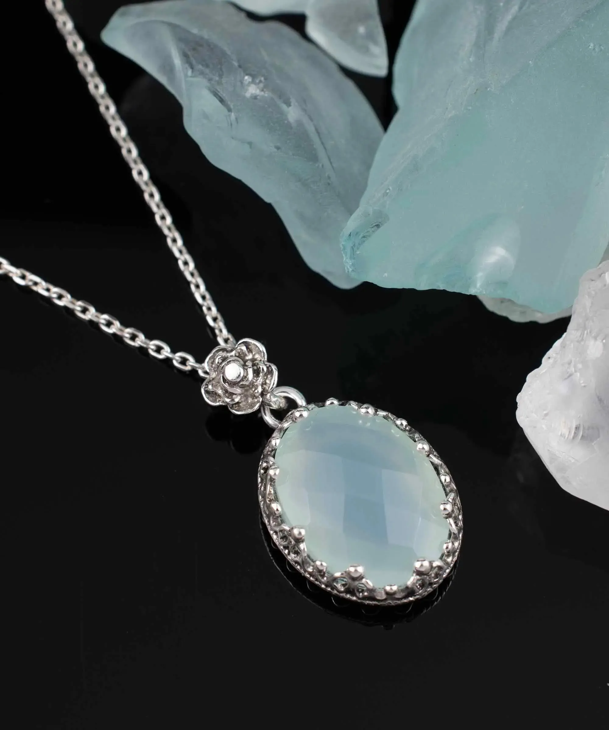 Filigree Silver Aqua Chalcedony Gemstone Woman Oval Pendant Necklace