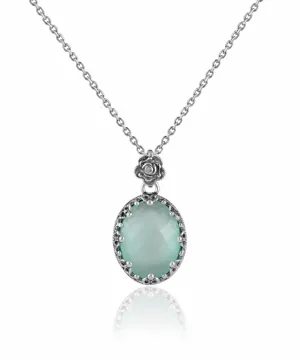 Filigree Silver Aqua Chalcedony Gemstone Woman Oval Pendant Necklace
