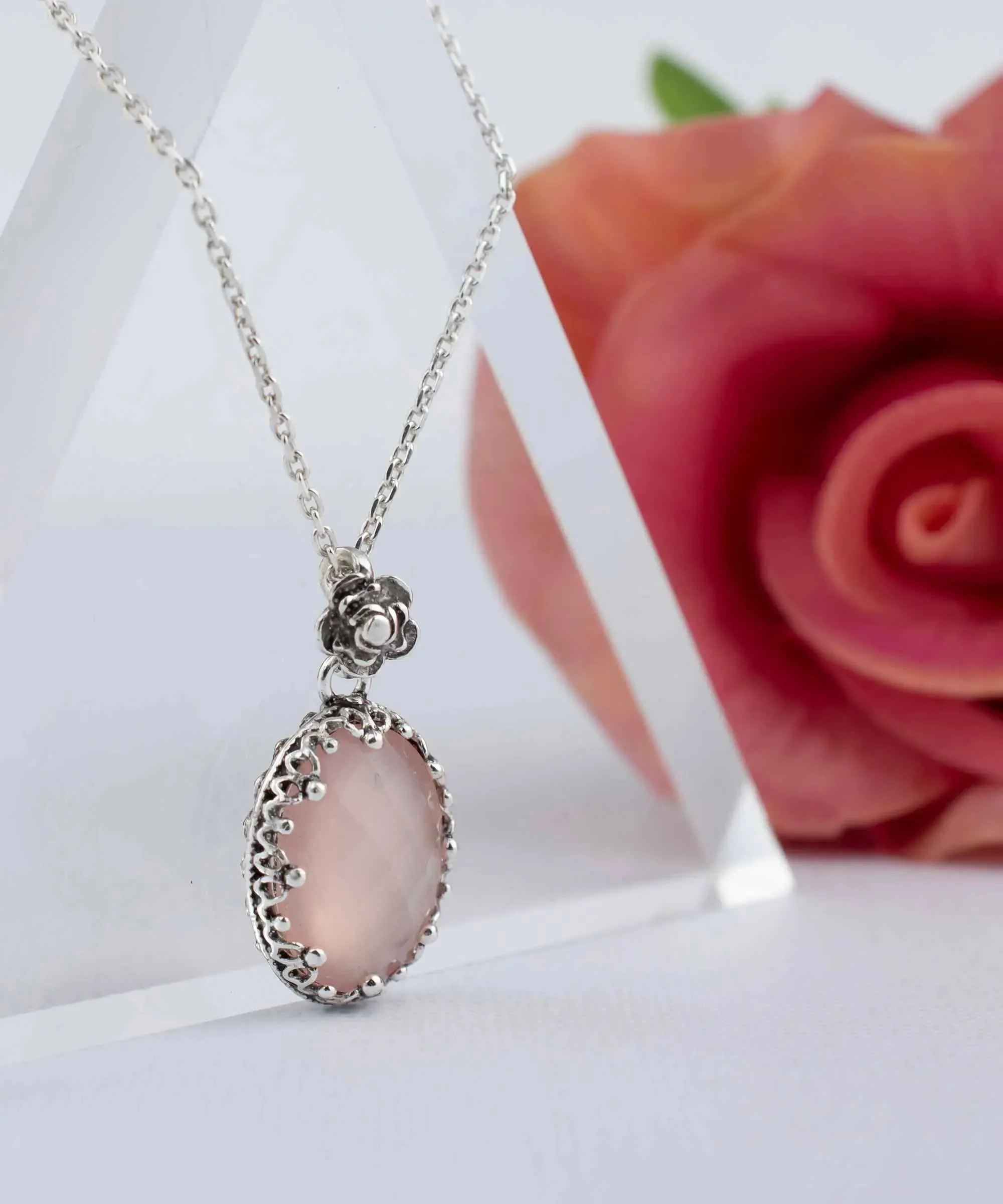 Filigree Silver Pink Chalcedony Gemstone Woman Oval Pendant Necklace