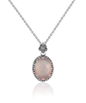 Filigree Silver Pink Chalcedony Gemstone Woman Oval Pendant Necklace
