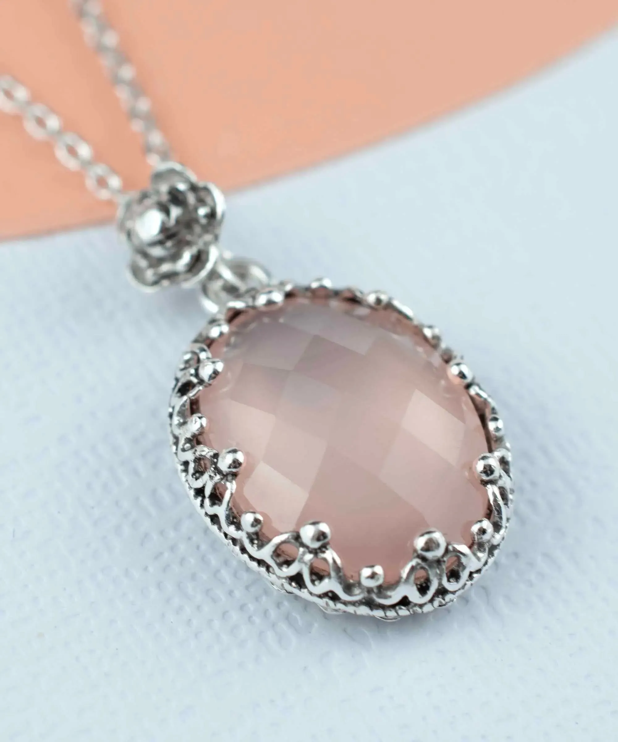 Filigree Silver Pink Chalcedony Gemstone Woman Oval Pendant Necklace
